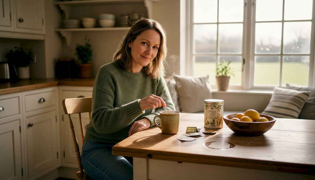 Woman in kitchen enjoying herbal tea