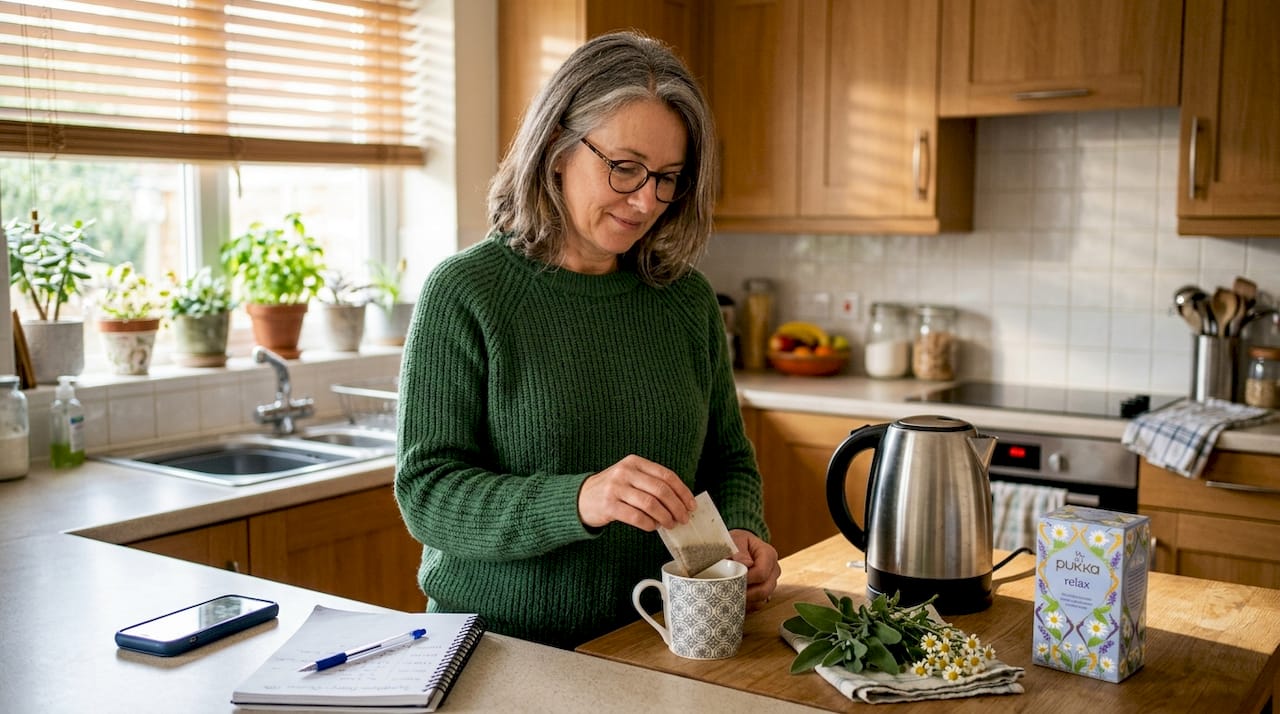 Woman making herbal tea in cozy kitchen