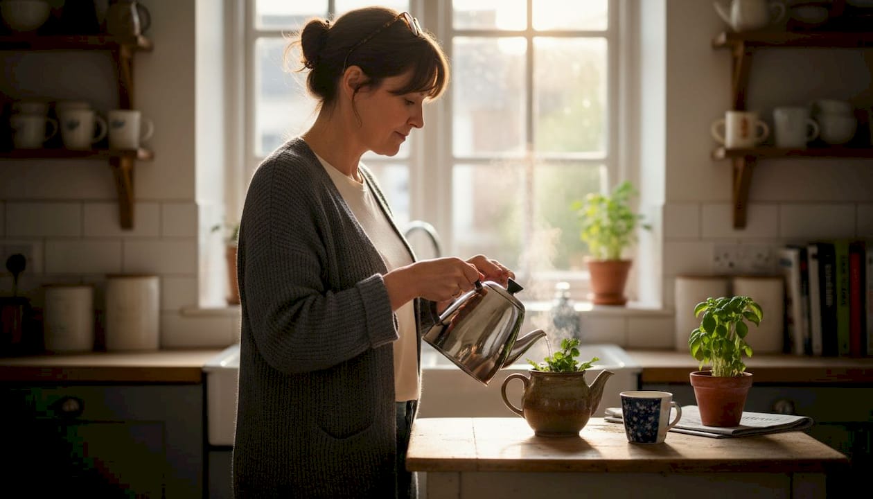 Woman brewing herbal tea in morning kitchen