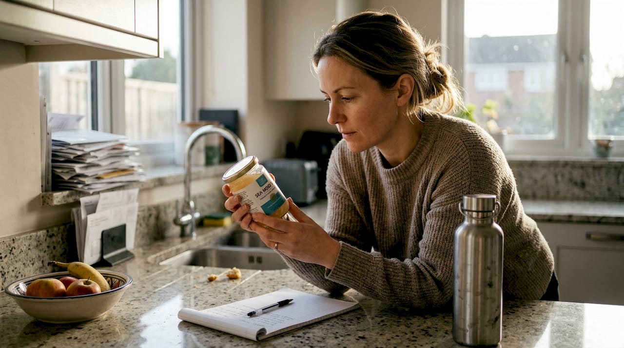 Woman reading sea moss jar label in kitchen