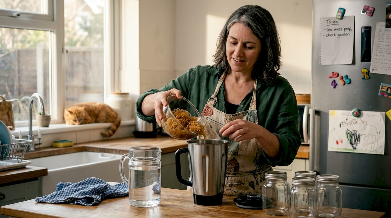 Woman in home kitchen making sea moss gel