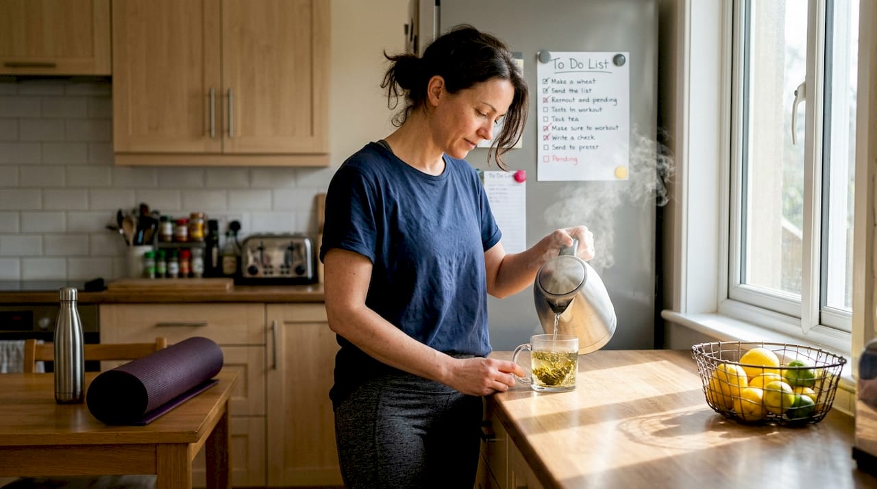 Woman making herbal tea after morning workout