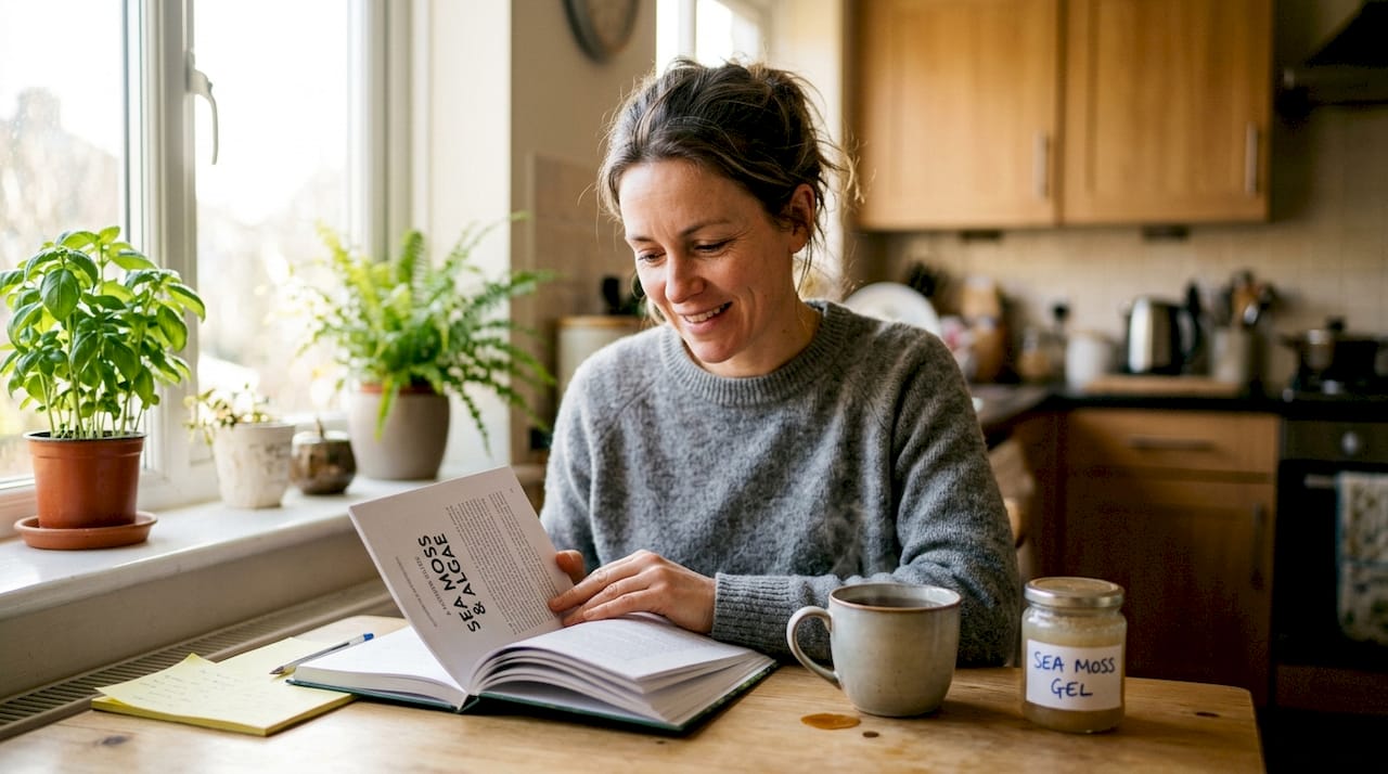 Woman reading about sea moss nutrition