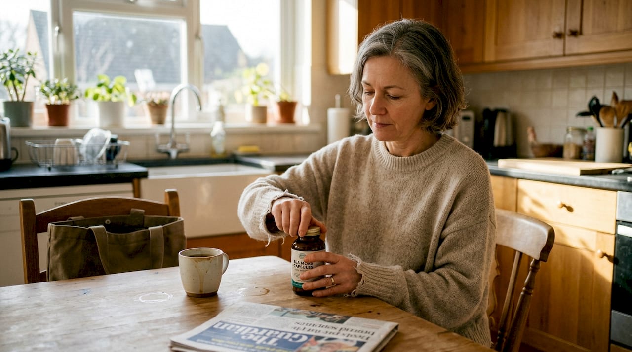 Woman opening sea moss capsules at kitchen table