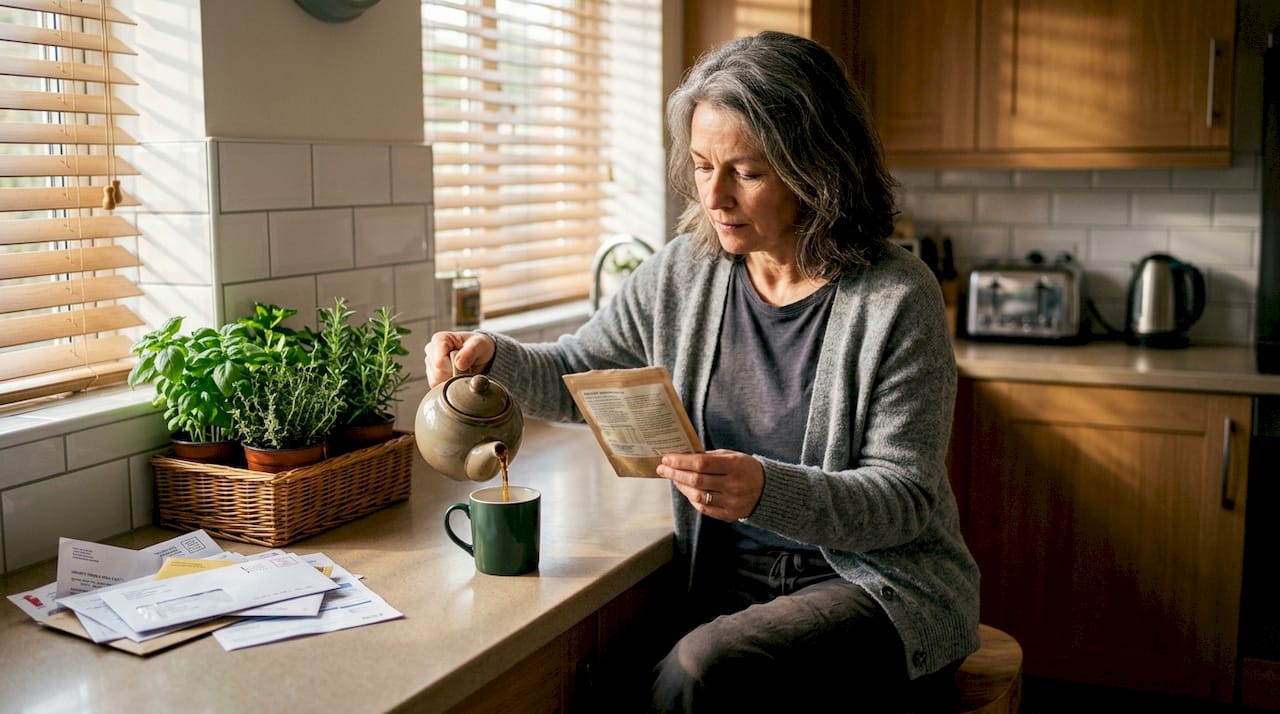 Woman reading herbal supplement packet in kitchen