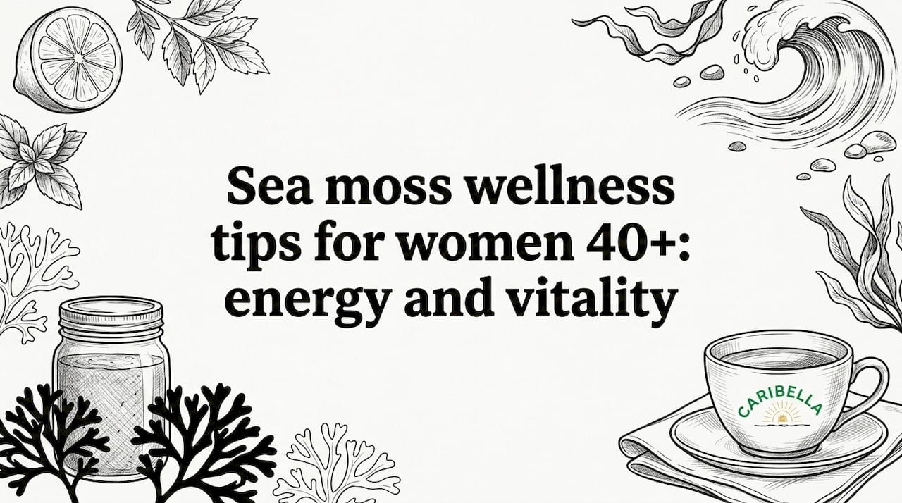 Title card with sea moss, waves, herbal elements