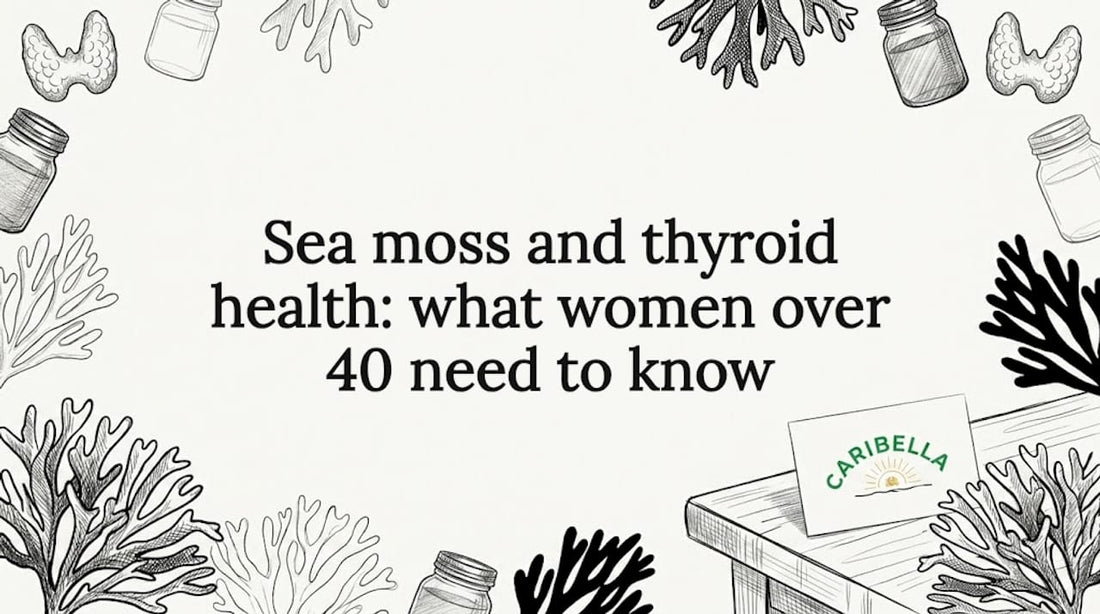 Hand-drawn border of sea moss, jars, and thyroid icons framing title area