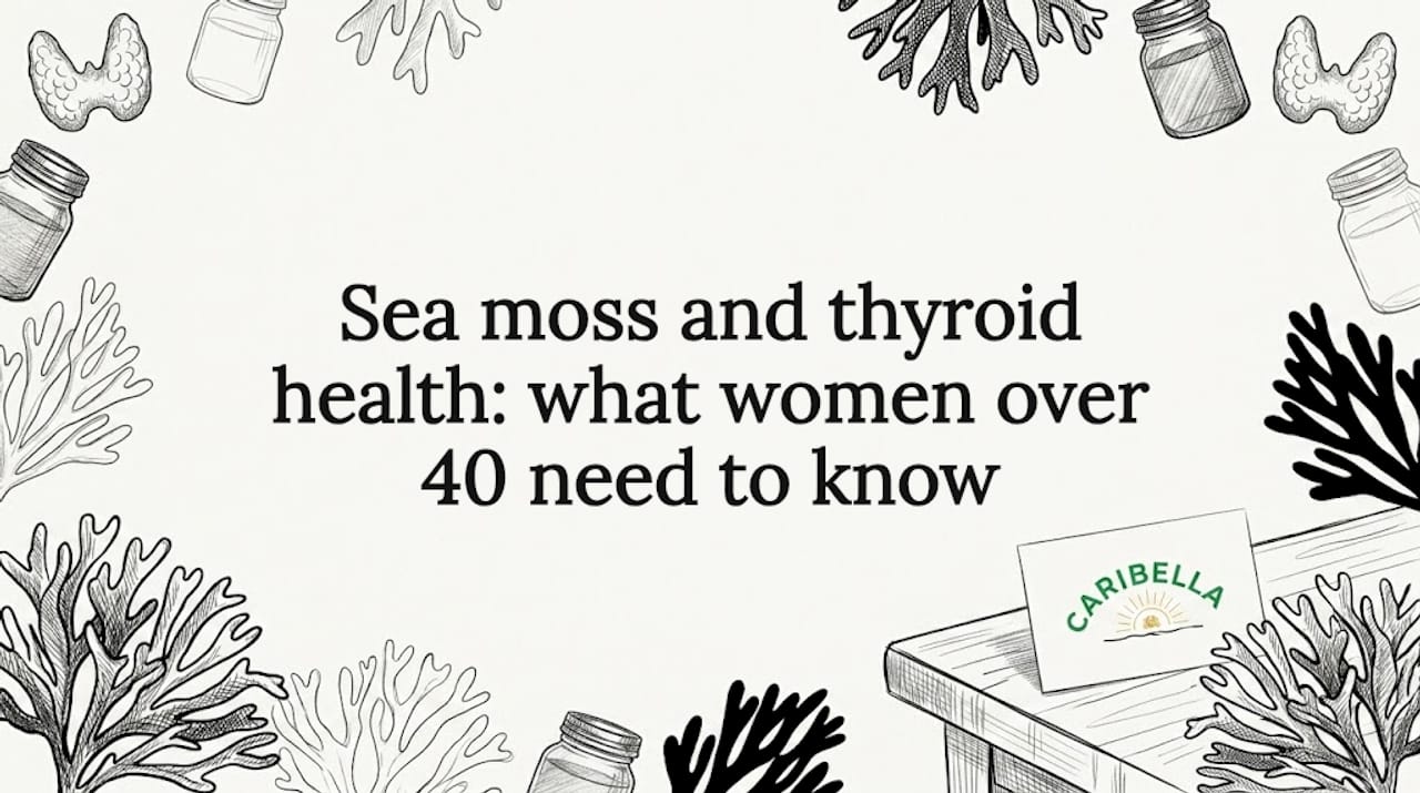 Hand-drawn border of sea moss, jars, and thyroid icons framing title area