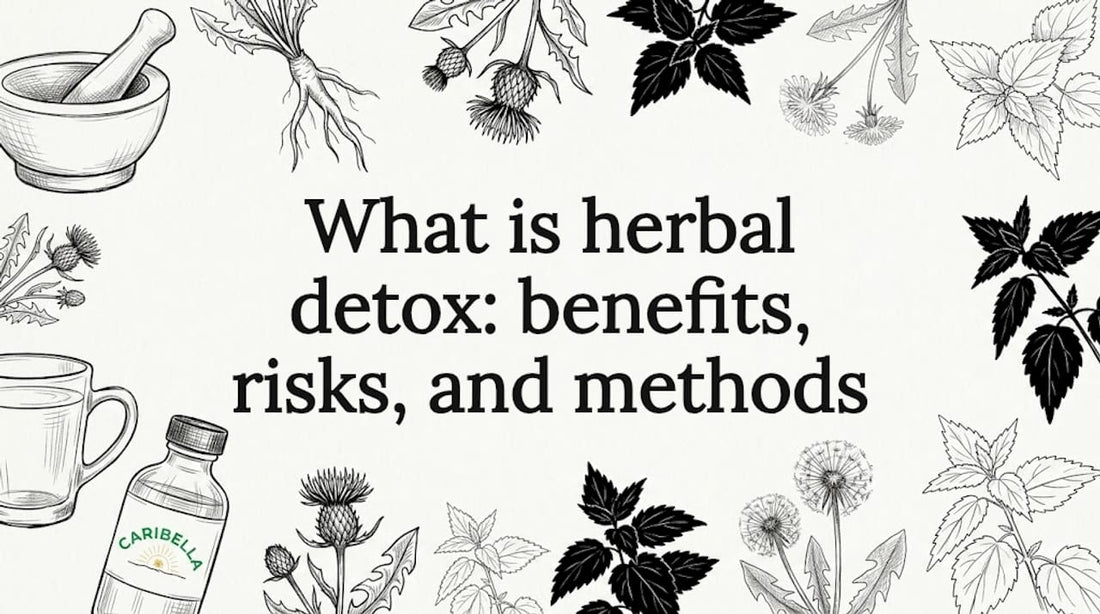 Decorative herbal detox title card illustration with botanicals and tools