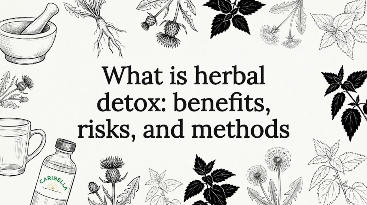 Decorative herbal detox title card illustration with botanicals and tools