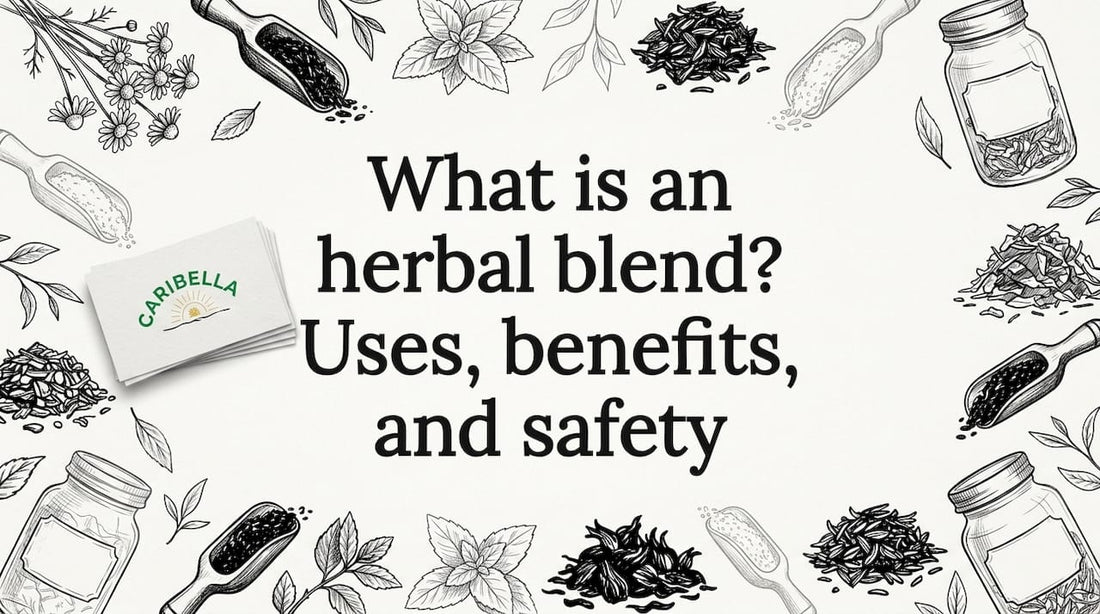 Decorative herbal blend title card illustration with botanicals and jars