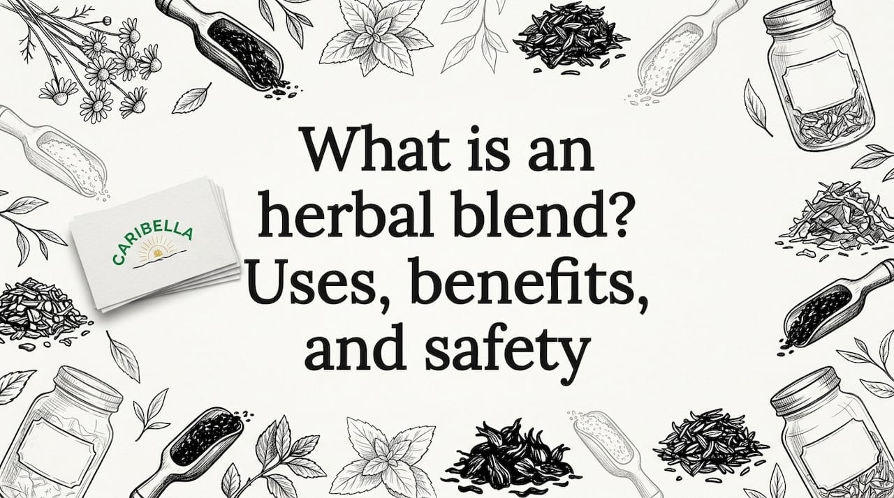Decorative herbal blend title card illustration with botanicals and jars