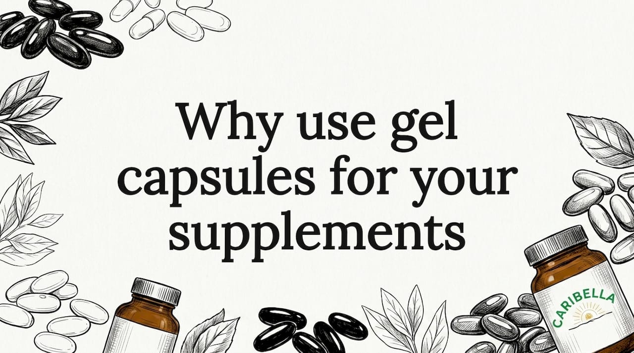 Hand-drawn gel capsules and bottles decorate blog title card