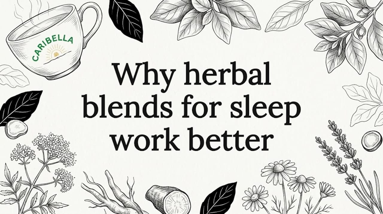 Hand-drawn herbal botanicals and teacup around clear title space