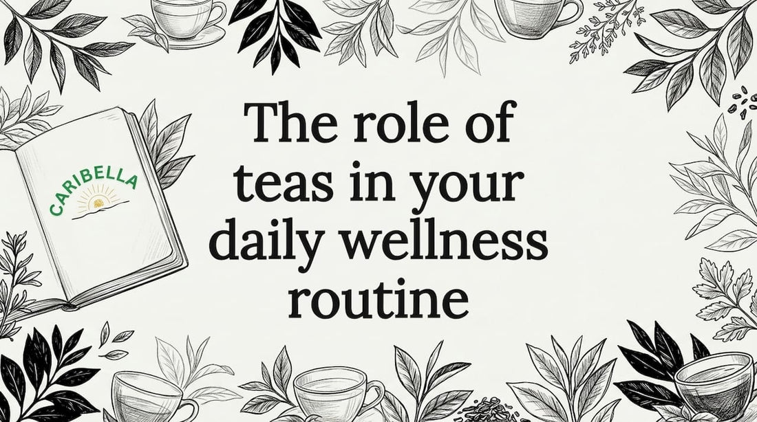 Decorative title card illustration with tea motifs