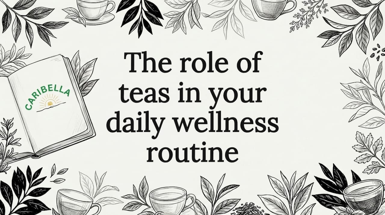 Decorative title card illustration with tea motifs