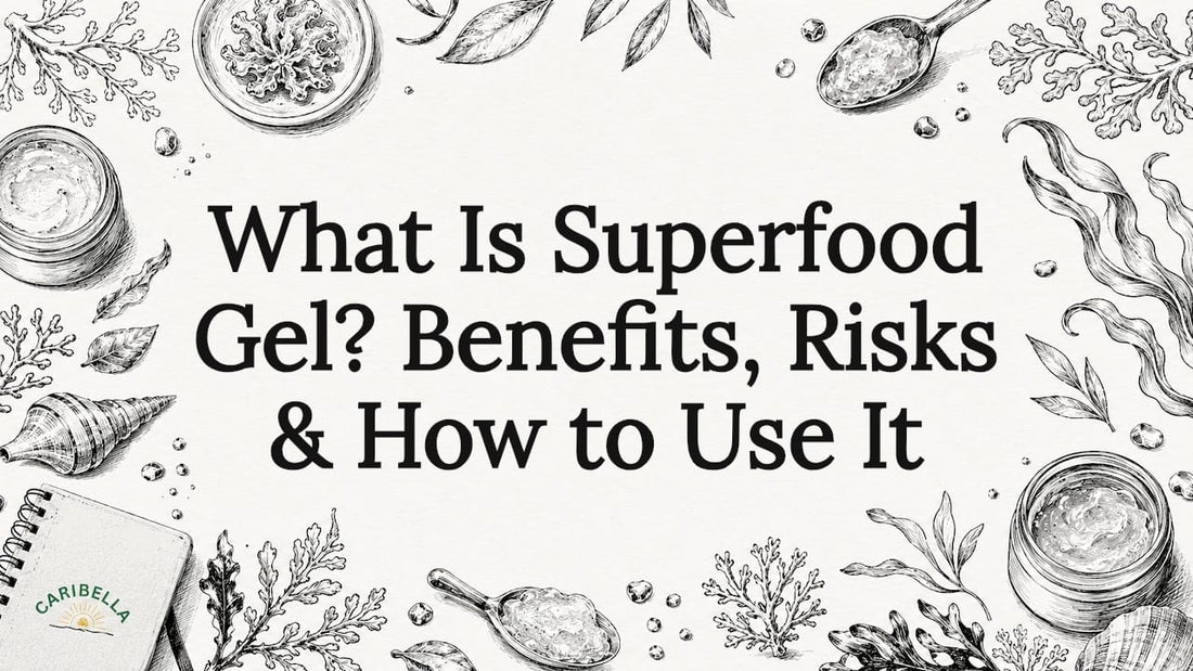 Decorative title card illustration with sea moss and gel motifs