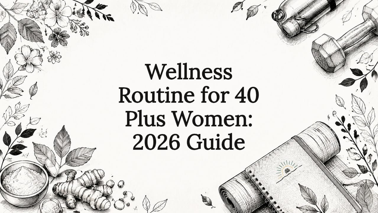 Decorative title card illustration with wellness elements