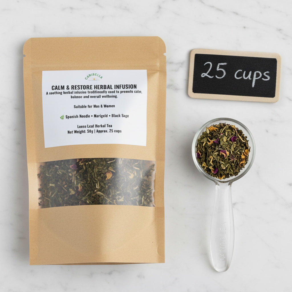 CALM & RESTORE
Premium Herbal Infusion  ·  50g  ·  25 Servings  ·  28p per cup