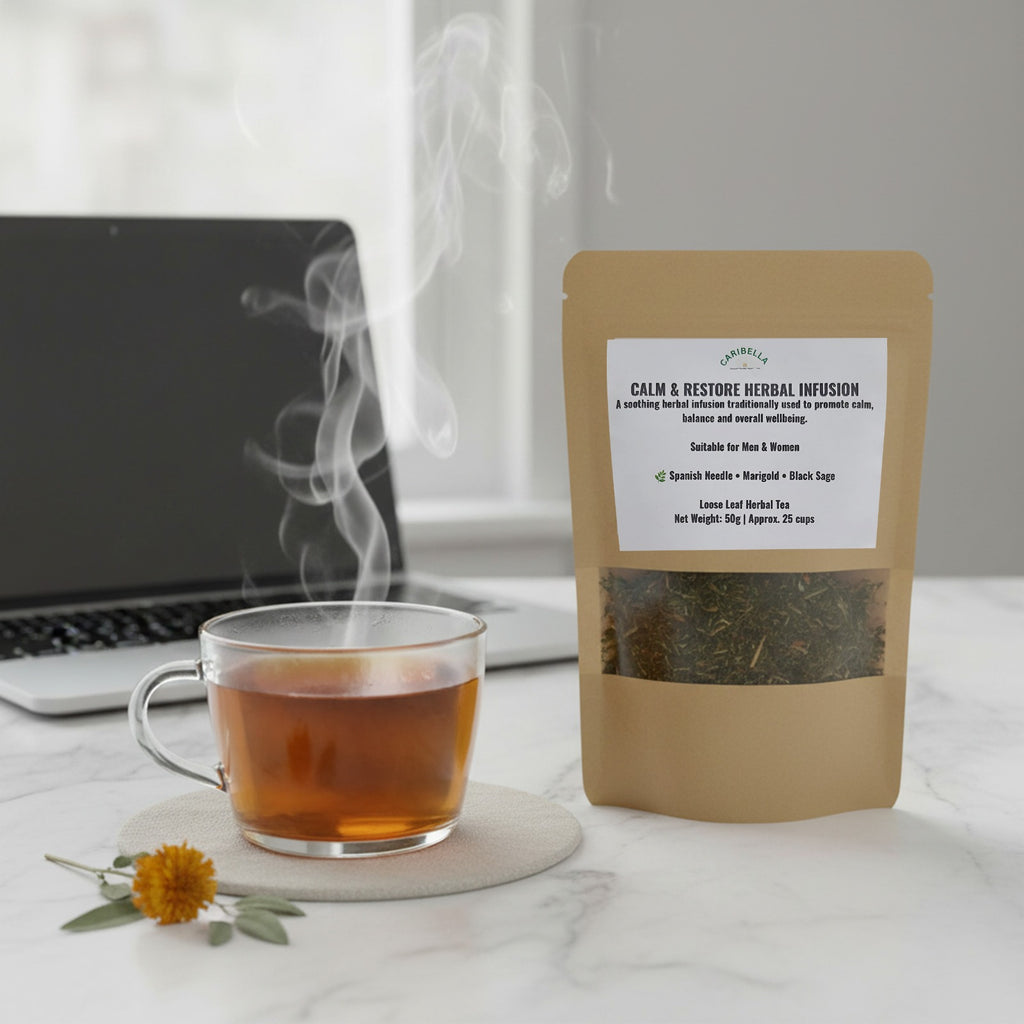 CALM & RESTORE
Premium Herbal Infusion  ·  50g  ·  25 Servings  ·  28p per cup