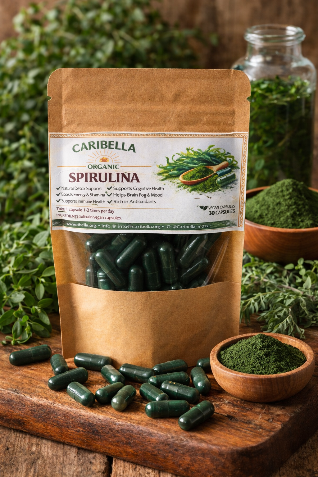 Caribella Organic Spirulina Capsules - 30 Capsules                         Pure • Nutrient-Dense • Plant-Based Support