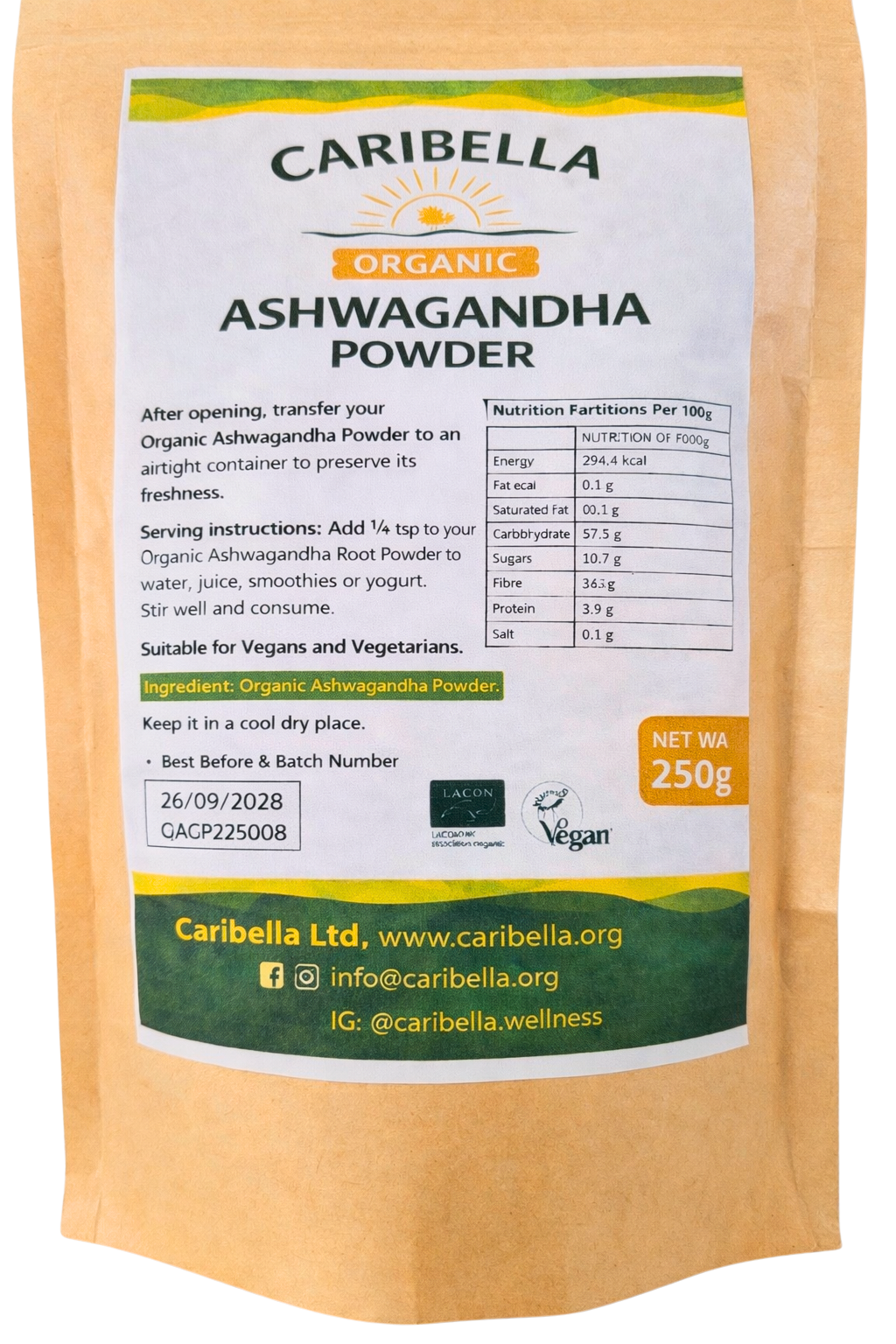 Caribella Organic Ashwagandha Powder 250g – Stress Support, Hormone Balance & Energy