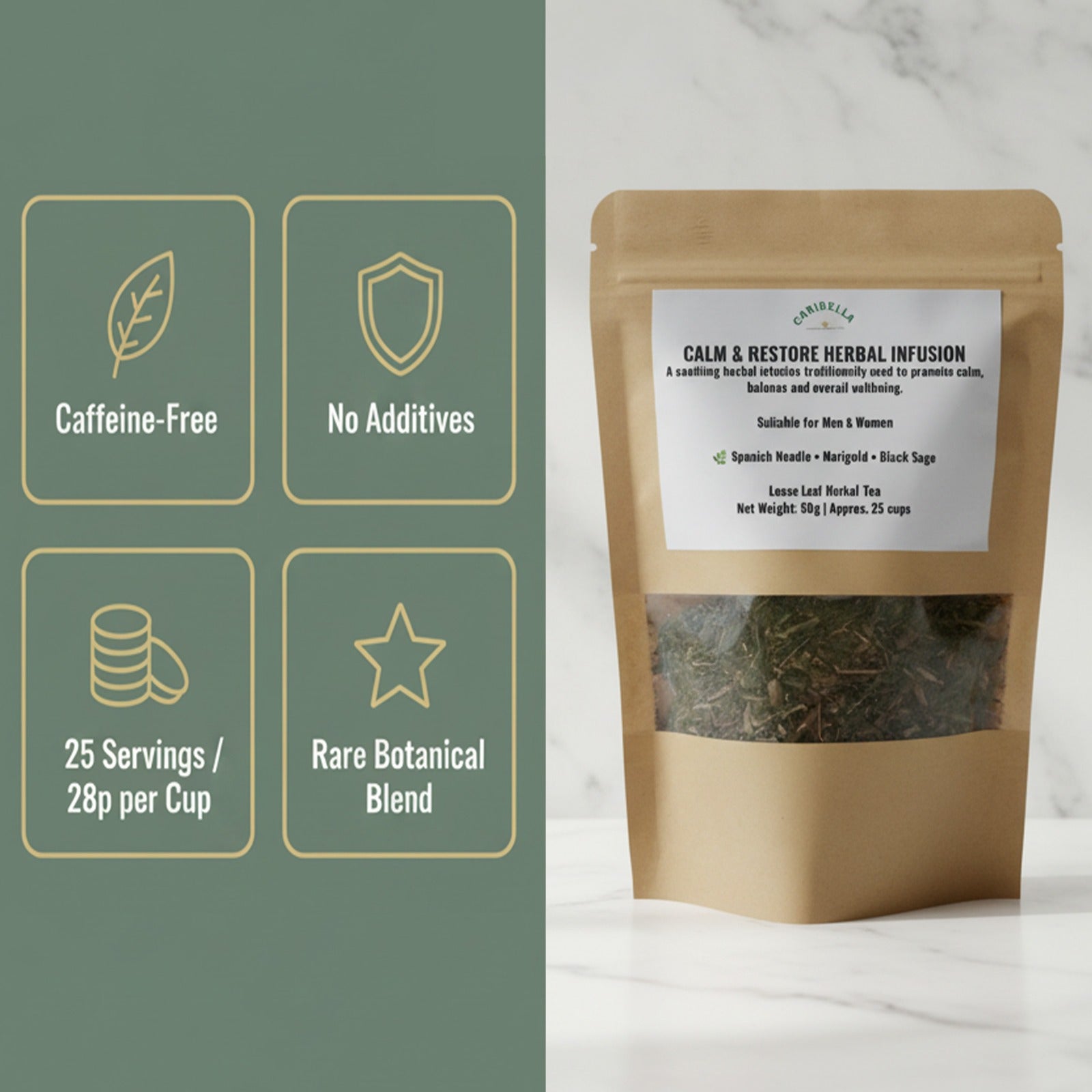 CALM & RESTORE
Premium Herbal Infusion  ·  50g  ·  25 Servings  ·  28p per cup