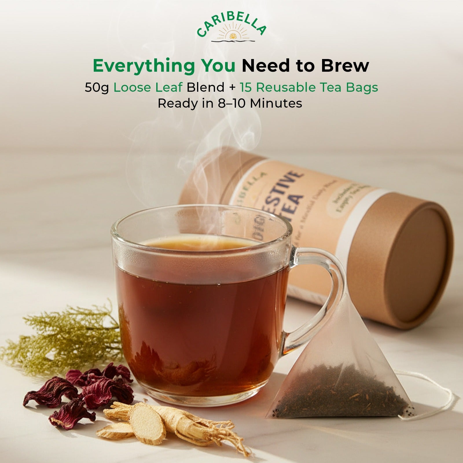 Digestive Tea – Sea Moss, Hibiscus & Ginger - 50g         Includes 15 Empty Tea Bags